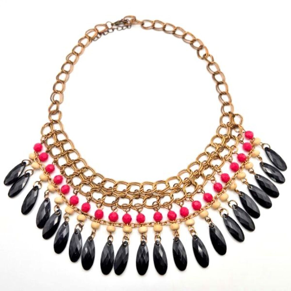 Beaded Statement Necklace Black Pink Brasstone Egyptian Revival Style Bib